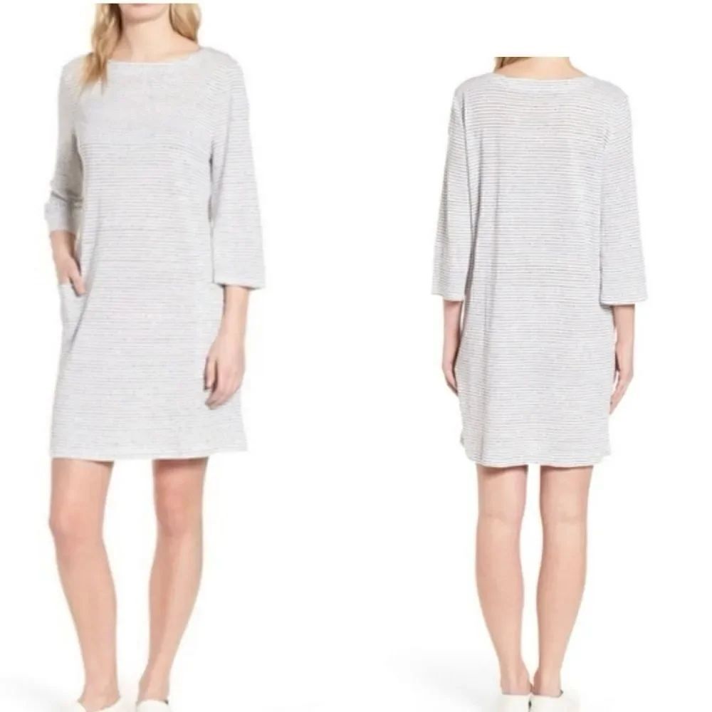Eileen Fisher Organic Linen Pullover Dress White Black Stripe 3/4 Sleeves Sz XXL